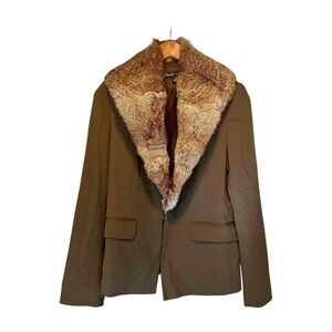 Green Elizabeth & James Blazer with Removable Rabbit Fur Collar Women Size 8.0